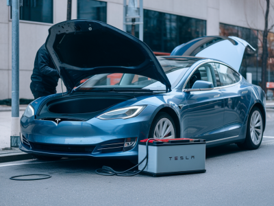 How to safely revive a flat lithium-ion ev auxiliary battery (12v) in a parked tesla without tripping vehicle security