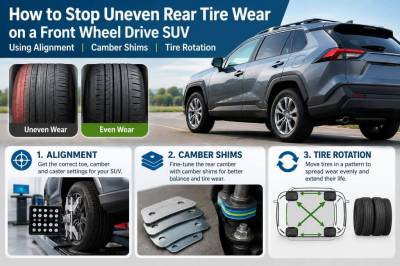 How to stop uneven rear tire wear on a front-wheel-drive suv using alignment, camber shims, and tire rotation