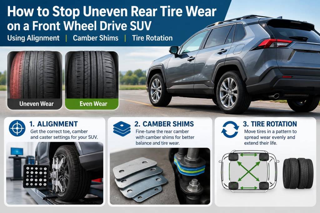 How to stop uneven rear tire wear on a front-wheel-drive suv using alignment, camber shims, and tire rotation